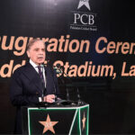 Prime Minister Muhammad Shehbaz Sharif addresses the inaugural ceremony of the renovated and refurbished Qaddafi Stadium
