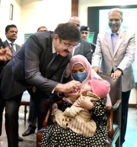 Sindh Chief Minister Syed Murad Ali Shah launches the National Immunization Days (NIDs) campaign for February 2025 by administering polio drops to a child at CM House.