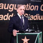 Prime Minister Muhammad Shehbaz Sharif addresses the inaugural ceremony of the renovated and refurbished Qaddafi Stadium