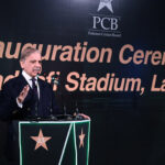 Prime Minister Muhammad Shehbaz Sharif addresses the inaugural ceremony of the renovated and refurbished Qaddafi Stadium