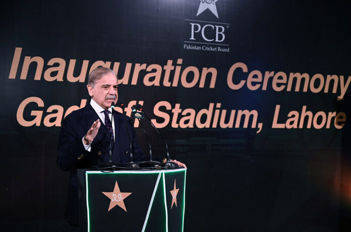 Prime Minister Muhammad Shehbaz Sharif addresses the inaugural ceremony of the renovated and refurbished Qaddafi Stadium