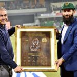 Pakistan Cricket Board (PCB) Chairman Mohsin Naqvi presents the PCB Hall of Fame plaque to former cricket player Misbah-ul-Haq during first match of Tri-Nation Series played between Pakistan and New Zealand cricket teams at Gaddafi Stadium