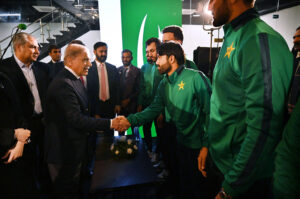 Prime Minister Muhammad Shehbaz Sharif meets the Pakistan Cricket Team players at the inauguration ceremony of the renovated Qaddafi Stadium