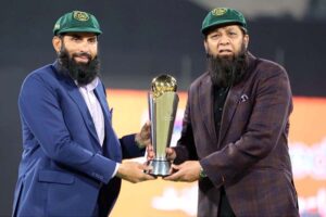 Pakistan former cricket players Misbah-ul-Haq and Inzimam-ul-Haq with ICC Champion Trophy 2025 during first match of Tri-Nation Series played between Pakistan and New Zealand cricket teams at Gaddafi Stadium