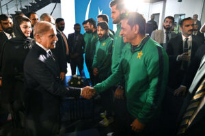 Prime Minister Muhammad Shehbaz Sharif meets the Pakistan Cricket Team players at the inauguration ceremony of the renovated Qaddafi Stadium