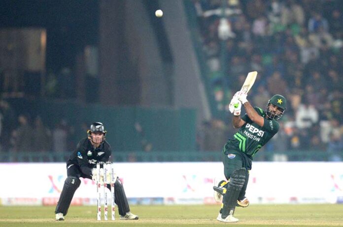 Pakistani batsman Fakhar Zaman playing shot during first match of Tri-Nation Series played between Pakistan and New Zealand cricket teams at Gaddafi Stadium