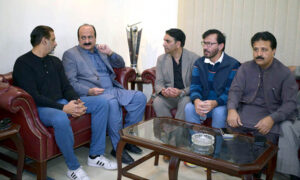 Chairman Prime Minister Youth Program Rana Mashhood Ahmed, condolences with Asif Bajwa (former Secretary Hockey Association) on the death of his mother at the Hockey Stadium