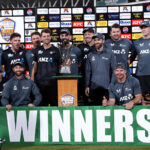 A group photo of New Zealand's Cricket team after winning the Tri-Nation series trophy-2025 beating Pakistan in final match at the National Stadium