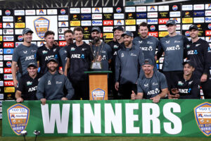 A group photo of New Zealand's Cricket team after winning the Tri-Nation series trophy-2025 beating Pakistan in final match at the National Stadium