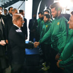 Prime Minister Muhammad Shehbaz Sharif meets the Pakistan Cricket Team players at the inauguration ceremony of the renovated Qaddafi Stadium