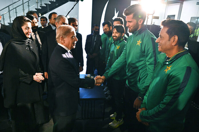 Prime Minister Muhammad Shehbaz Sharif meets the Pakistan Cricket Team players at the inauguration ceremony of the renovated Qaddafi Stadium
