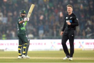 Pakistani batsman Fakhar Zaman playing shot during first match of Tri-Nation Series played between Pakistan and New Zealand cricket teams at Gaddafi Stadium
