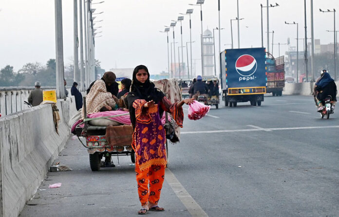 A young girl selling meat as people purchase for throwing for birds as mercy on the bridge at River Ravi