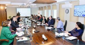 Federal Minister for Finance and Revenue, Senator Muhammad Aurangzeb, in a follow-up meeting with Dr. Samuel Rizk, Resident Representative UNDP Pakistan, accompanied by his team.