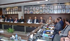 Federal Tax Ombudsman Dr Asif Mahmood Jah is addressing the business community during his visit to Faisalabad Chamber of Commerce & Industry (FCCI).