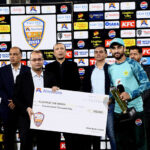 Pakistan batter Salman Ali Agha receives ‘Player of the Series award during award distribution ceremony of the Tri-Nation series at the National Stadium