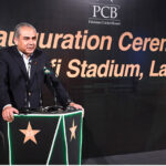 Interior Minister and Chairman PCB, Mohsin Naqvi addresses the inauguration ceremony of the renovated and refurbished Qaddafi Stadium
