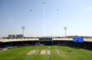 A spectacular view of fly fast by fighter jets of Pakistan Air Force at the opening ceremony of ICC Champions Trophy one-day international (ODI) cricket match between Pakistan and New Zealand at National Stadium.