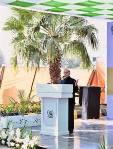 Prime Minister Muhammad Shehbaz Sharif addresses the inaugural ceremony of Jinnah Square (under passes).