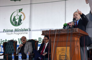 Chairman Prime Minister Youth Program, Rana Mashhood Ahmed Khan, addresses the audience after inaugurating the PMYP Boxing Kick-off Punjab Drive and All Pakistan Women's Football opening ceremony at Punjab University New Campus.