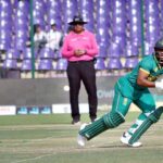 South Africa's captain Temba Bavuma prepares to run after striking the ball during the Tri-Nation series third one-day international (ODI) cricket match between Pakistan and South Africa at the National Stadium in Karachi