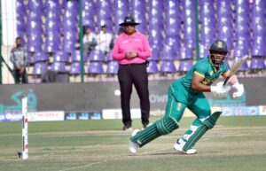 South Africa's captain Temba Bavuma prepares to run after striking the ball during the Tri-Nation series third one-day international (ODI) cricket match between Pakistan and South Africa at the National Stadium in Karachi