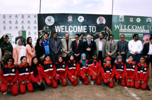 Chairman Prime Minister Youth Program, Rana Mashhood Ahmed Khan, addresses the audience after inaugurating the PMYP Boxing Kick-off Punjab Drive and All Pakistan Women's Football opening ceremony at Punjab University New Campus.