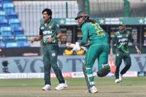 South Africa's captain Temba Bavuma prepares to run after striking the ball during the Tri-Nation series third one-day international (ODI) cricket match between Pakistan and South Africa at the National Stadium in Karachi