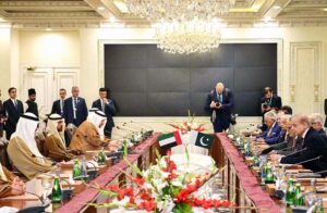 Prime Minister Muhammad Shehbaz Sharif and Crown Prince of Abu Dhabi His Highness Sheikh Khaled bin Mohamed bin Zayed Al Nahyan in delegation level talks.