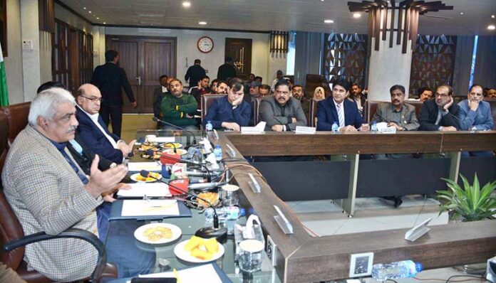 Provincial Minister for Health & Emergency Services Khawaja Salman Rafique is addressing the business community during a meeting at Faisalabad Chamber of Commerce & Industry (FCCI)