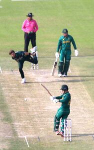 South Africa's captain Temba Bavuma prepares to run after striking the ball during the Tri-Nation series third one-day international (ODI) cricket match between Pakistan and South Africa at the National Stadium in Karachi