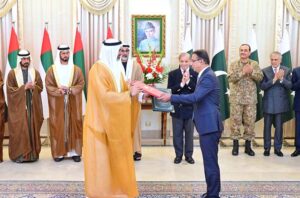 Prime Minister Muhammad Shehbaz Sharif and Crown Prince of Abu Dhabi His Highness Sheikh Khaled bin Mohamed bin Zayed Al Nahyan witness the exchange of MoUs and Agreements of cooperation between United Arab Emirates and Pakistan.
