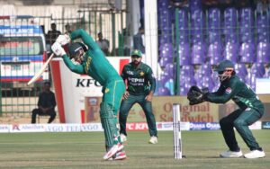 Pakistan's players celebrate after the dismissal of South Africa's captain Temba Bavuma during the ODI cricket match of Tri-Nation series between Pakistan and South Africa at the National Stadium