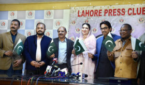 Former Member of Balochistan Provincial Assembly Farah Azim Shah along with President Lahore Press Club and General Secretary Zahid Abid talking to media at Lahore Press Club.
