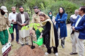 Chairperson Islamabad Wildlife Management Board and Secretary Ministry of Climate Change and Environmental Coordination, Ayesha Humera Moriani, addresses spring tree plantation ceremony at the Trail 5 of the Margalla Hills National park