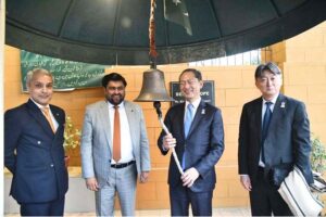 Ambassador of Japan, Akamatsu Shichi rings the ‘Bell of Hope’ during call on Sindh Governor Kamran Khan Tessori at Governor House