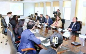Federal Minister for Finance and Revenue, Senator Muhammad Aurangzeb, in a meeting with a delegation from the Climate Vulnerable Forum (CVF) – V20, representing finance ministers from climate-vulnerable countries, at the Finance Division.