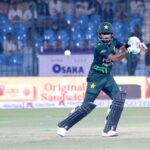 Pakistan's Babar Azam plays a shot during the ODI cricket match of Tri-Nation series between Pakistan and South Africa at the National Stadium