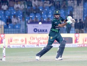 Pakistan's Babar Azam plays a shot during the ODI cricket match of Tri-Nation series between Pakistan and South Africa at the National Stadium