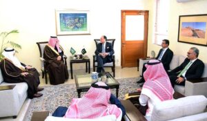 Federal Minister for Finance and Revenue, Senator Muhammad Aurangzeb, in a meeting with H.E. Sultan Abdulrahman A. AlMarshad, CEO of the Saudi Fund for Development, who called on the Minister at the Finance Division.