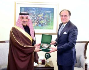 Federal Minister for Finance and Revenue, Senator Muhammad Aurangzeb, in a meeting with H.E. Sultan Abdulrahman A. AlMarshad, CEO of the Saudi Fund for Development, who called on the Minister at the Finance Division.