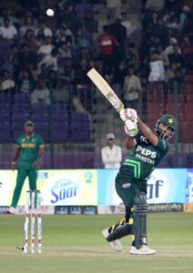 Pakistan's Babar Azam plays a shot during the ODI cricket match of Tri-Nation series between Pakistan and South Africa at the National Stadium