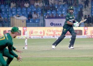 Pakistan's Babar Azam plays a shot during the ODI cricket match of Tri-Nation series between Pakistan and South Africa at the National Stadium