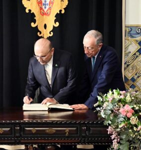 President Asif Ali Zardari registering his remarks in the visitor's book at the Palacio Nacional de Belem, in Lisbon on February 11, 2025. President of Portugal, Mr Marcelo Rebelo de Sousa, is also present.