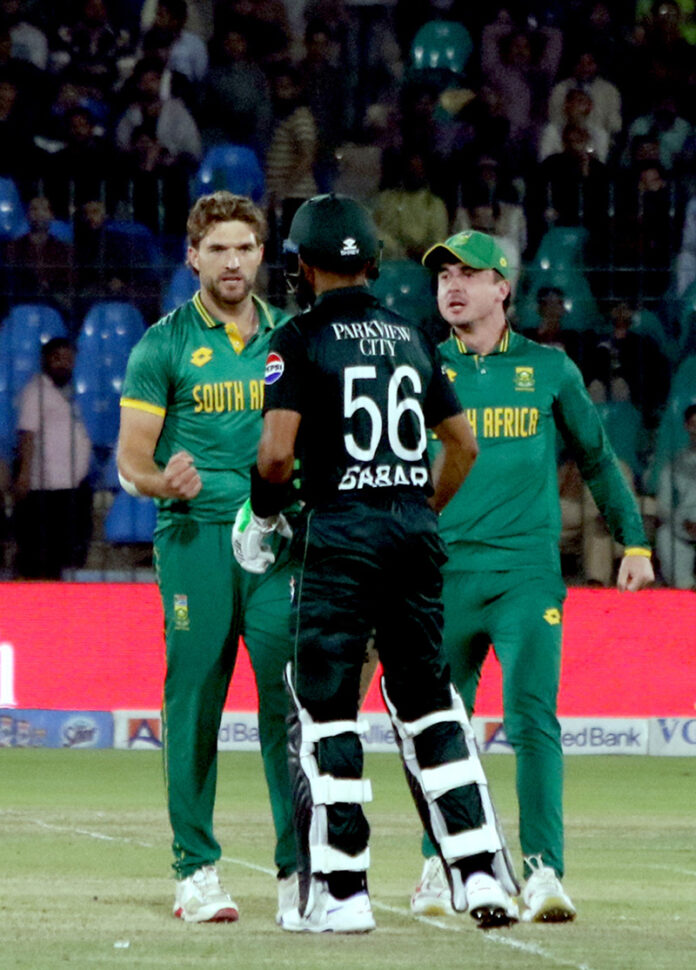 South Africa's Wiaan Mulder celebrates with teammates after taking the wicket of Pakistan's Babar Azam during the ODI cricket match of Tri-Nation series between Pakistan and South Africa at the National Stadium South Africa's Wiaan Mulder celebrates with teammates after taking the wicket of Pakistan's Babar Azam during the ODI cricket match of Tri-Nation series between Pakistan and South Africa at the National Stadium