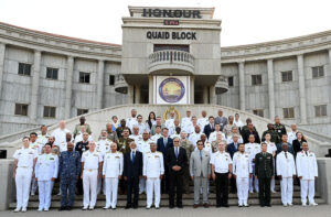 Federal Minister for Planning Development and Special Initiatives Ahsan Iqbal addressing the participants of the closing ceremony of the AMAN Dialogue 2025 at PNS RAHBAR Manora.