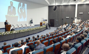 Federal Minister for Planning Development and Special Initiatives Ahsan Iqbal addressing the participants of the closing ceremony of the AMAN Dialogue 2025 at PNS RAHBAR Manora.
