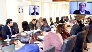 Federal Minister for Finance and Revenue Senator Muhammad Aurangzeb virtually chairing a meeting of the Cabinet Committee on State-Owned Enterprises (CCoSOEs) at the Finance Division.