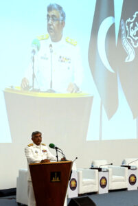 Federal Minister for Planning Development and Special Initiatives Ahsan Iqbal addressing the participants of the closing ceremony of the AMAN Dialogue 2025 at PNS RAHBAR Manora.