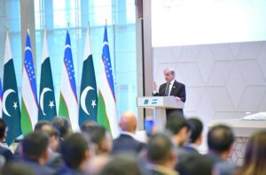 Prime Minister Muhammad Shehbaz Sharif addressing Pakistan Uzbekistan Business Forum.
